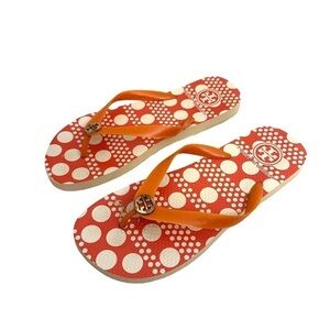 Tory Burch Orange and White Polka Dot Flip Flop Sandals with Logo Accent